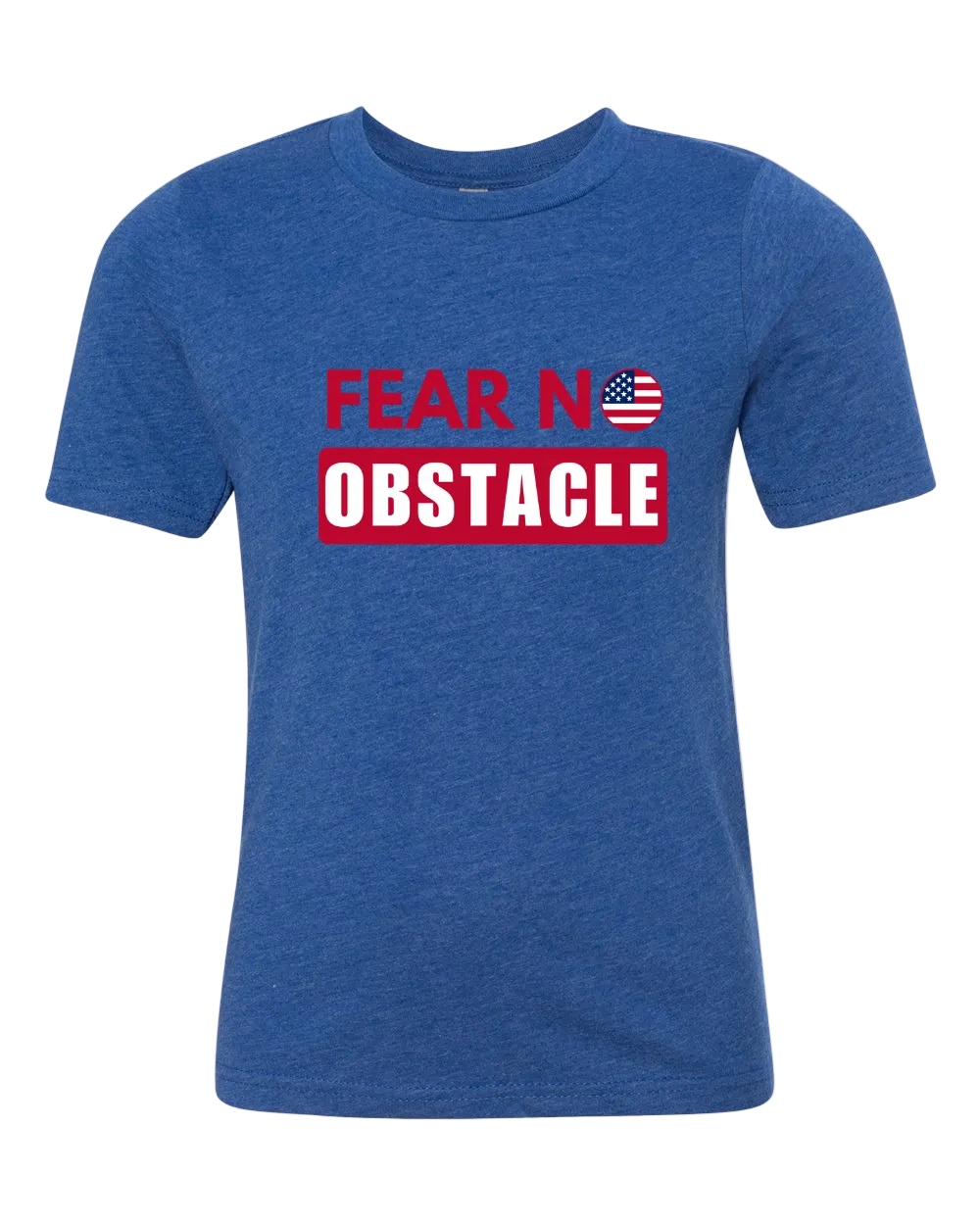 Blue t-shirt with 'Fear No Obstacle' text and American flag graphic on a white background