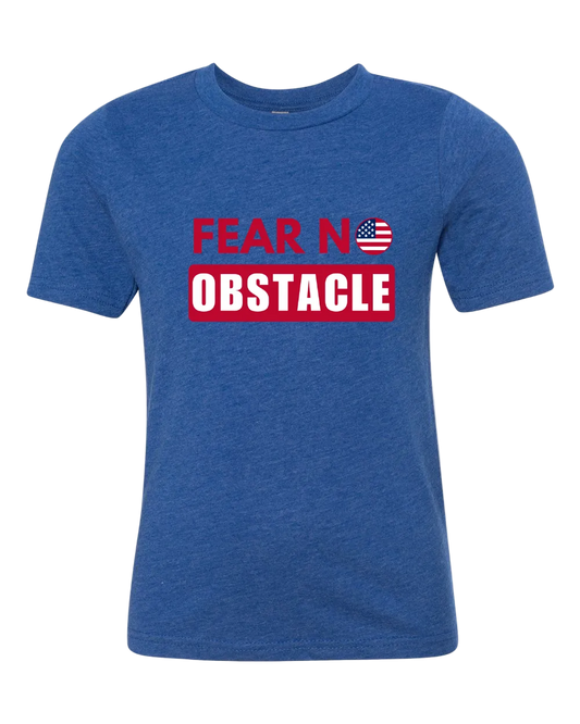 Blue t-shirt with 'Fear No Obstacle' text and American flag graphic on a white background